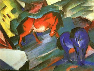 Expresionista de caballos rojos y azules. Pinturas al óleo